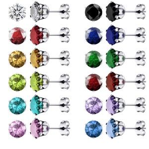12 Pairs Stud Earrings Steel C Zirconia Fashion Jewelry Unisex Hypoallergenic